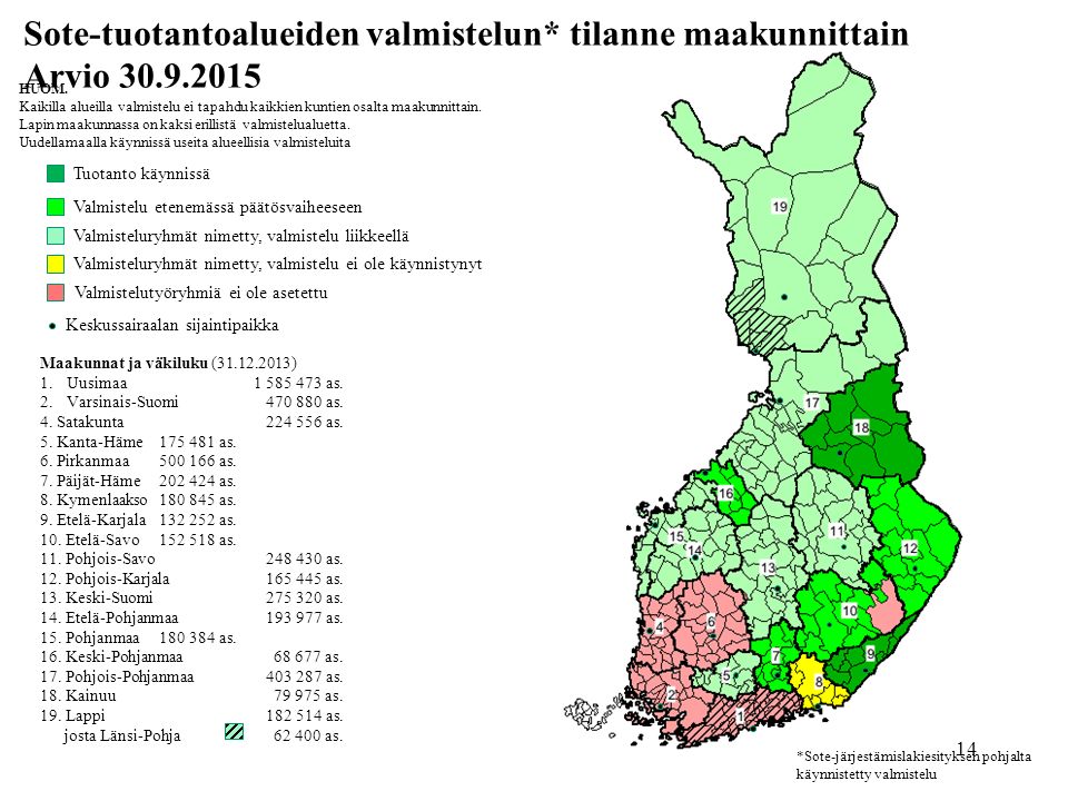 14 Sote-tuotantoalueiden valmistelun* tilanne maakunnittain Arvio Maakunnat ja väkiluku ( ) 1.Uusimaa as.