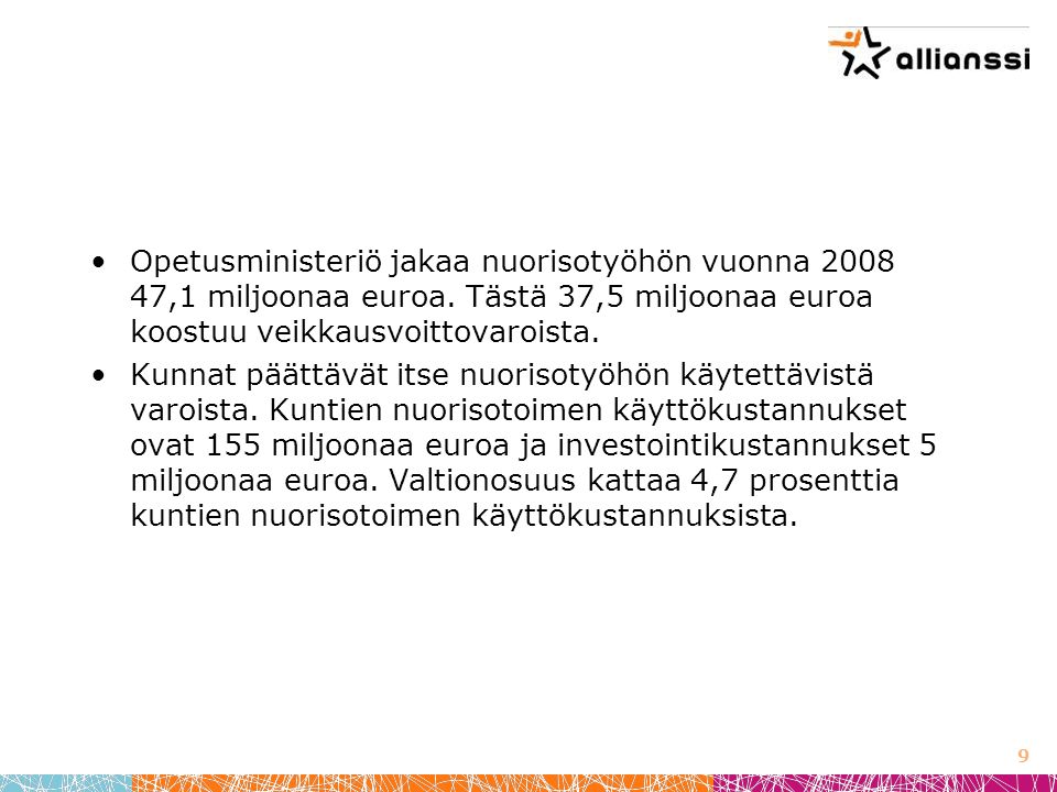 9 Opetusministeriö jakaa nuorisotyöhön vuonna ,1 miljoonaa euroa.