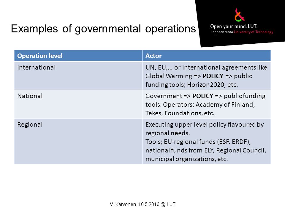 Examples of governmental operations V.
