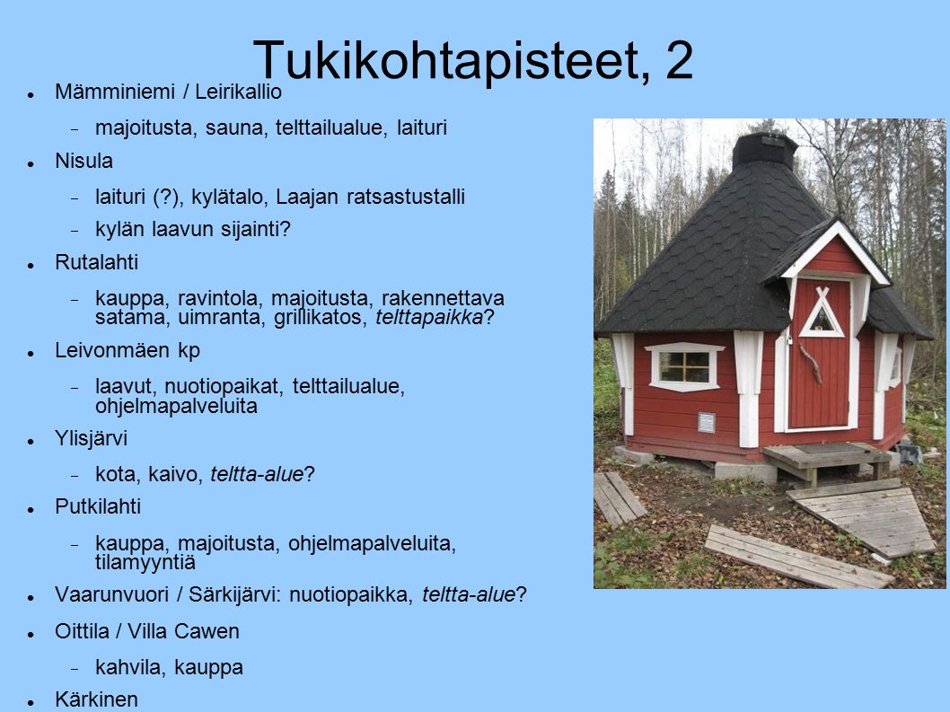 Tukikohtapisteet, 2 Mämminiemi / Leirikallio  majoitusta, sauna, telttailualue, laituri Nisula  laituri ( ), kylätalo, Laajan ratsastustalli  kylän laavun sijainti.