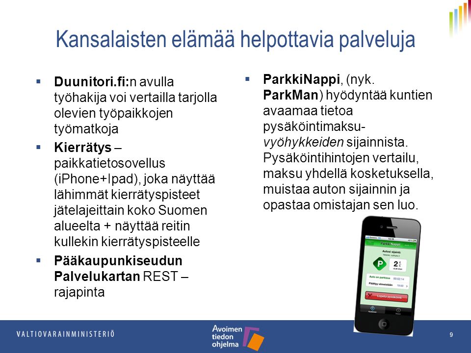 Kansalaisten elämää helpottavia palveluja  Duunitori.fi:n avulla työhakija voi vertailla tarjolla olevien työpaikkojen työmatkoja  Kierrätys – paikkatietosovellus (iPhone+Ipad), joka näyttää lähimmät kierrätyspisteet jätelajeittain koko Suomen alueelta + näyttää reitin kullekin kierrätyspisteelle  Pääkaupunkiseudun Palvelukartan REST – rajapinta  ParkkiNappi, (nyk.