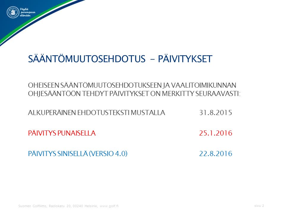 Suomen Golfliitto, Radiokatu 20, Helsinki, sivu 1 PUHEENJOHTAJAPÄIVÄ  SÄÄNTÖMUUTOSEHDOTUS TIMO LAITINEN PÄIVITETTY (UUSI. - ppt lataa