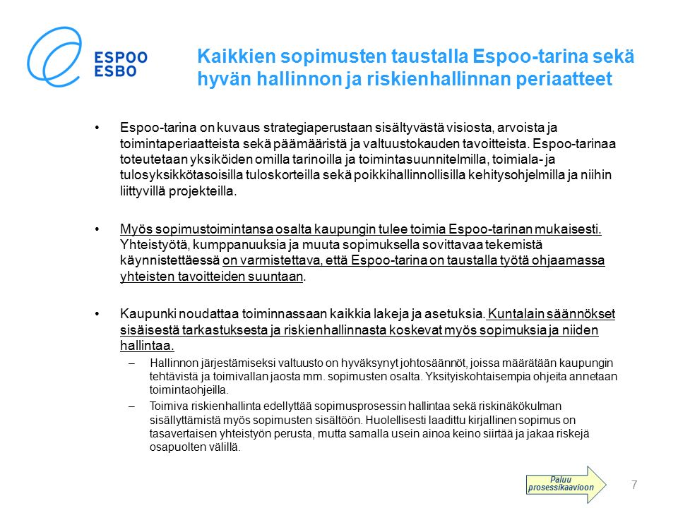 Kaikkien sopimusten taustalla Espoo-tarina sekä hyvän hallinnon ja riskienhallinnan periaatteet Espoo-tarina on kuvaus strategiaperustaan sisältyvästä visiosta, arvoista ja toimintaperiaatteista sekä päämääristä ja valtuustokauden tavoitteista.