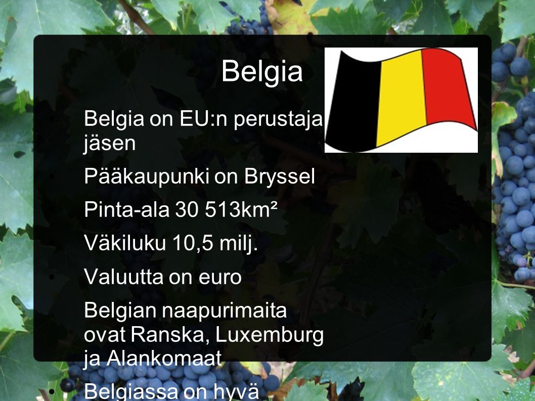 Belgia Belgia on EU:n perustaja jäsen Pääkaupunki on Bryssel Pinta-ala km² Väkiluku 10,5 milj.
