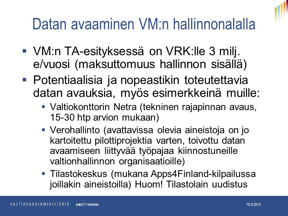 pp.kk.vvvv Osasto JulkICT-toiminto Datan avaaminen VM:n hallinnonalalla  VM:n TA-esityksessä on VRK:lle 3 milj.