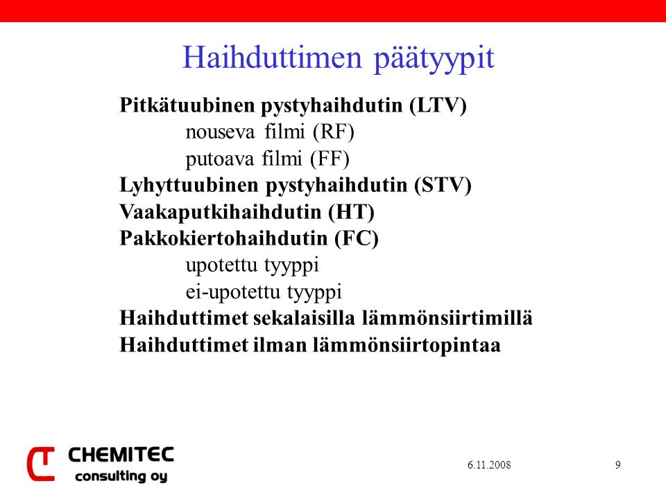 Haihduttimen päätyypit Pitkätuubinen pystyhaihdutin (LTV) nouseva filmi (RF) putoava filmi (FF) Lyhyttuubinen pystyhaihdutin (STV) Vaakaputkihaihdutin (HT) Pakkokiertohaihdutin (FC) upotettu tyyppi ei-upotettu tyyppi Haihduttimet sekalaisilla lämmönsiirtimillä Haihduttimet ilman lämmönsiirtopintaa