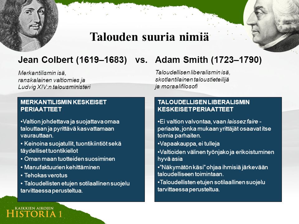 Talouden suuria nimiä Jean Colbert (1619–1683)Adam Smith (1723–1790)vs.