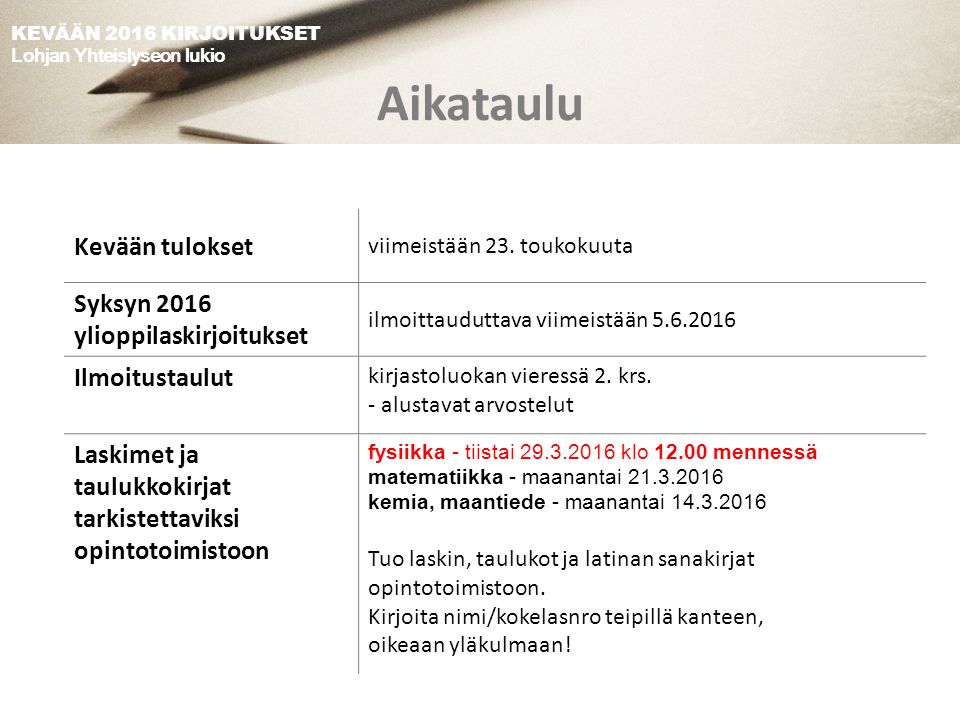 KEVÄÄN 2016 KIRJOITUKSET Lohjan Yhteislyseon lukio KEVÄÄN 2016  YLIOPPILASKIRJOITUKSET Lohjan Yhteislyseon lukio. - ppt lataa