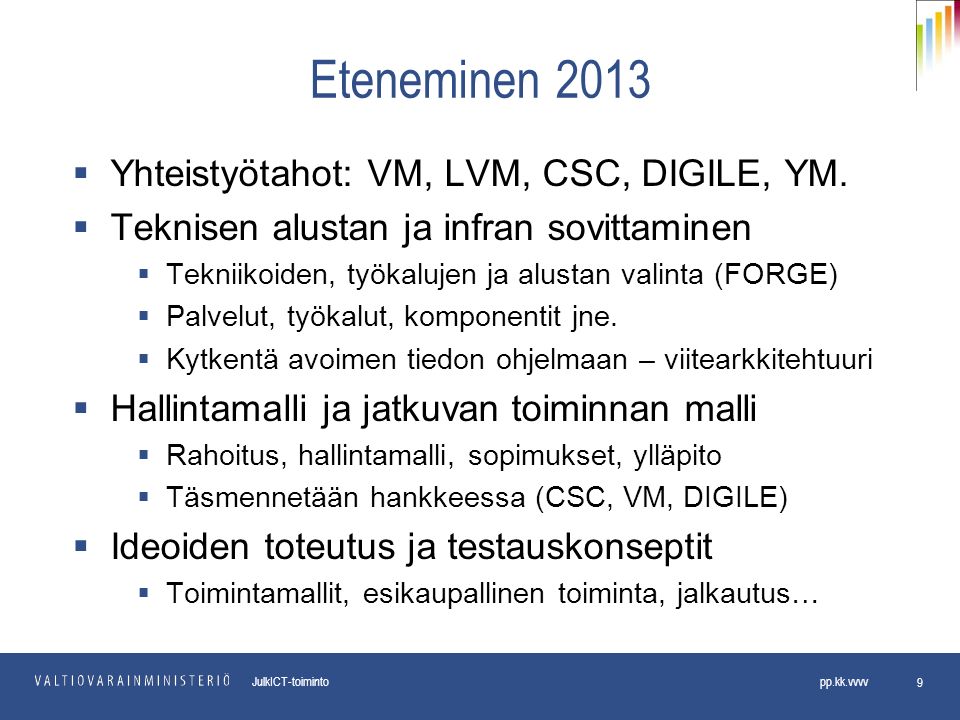 pp.kk.vvvv Osasto JulkICT-toiminto pp.kk.vvvv Eteneminen 2013  Yhteistyötahot: VM, LVM, CSC, DIGILE, YM.