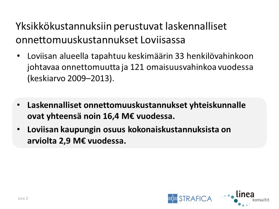 Yksikkökustannuksiin perustuvat laskennalliset onnettomuuskustannukset Loviisassa Loviisan alueella tapahtuu keskimäärin 33 henkilövahinkoon johtavaa onnettomuutta ja 121 omaisuusvahinkoa vuodessa (keskiarvo 2009–2013).