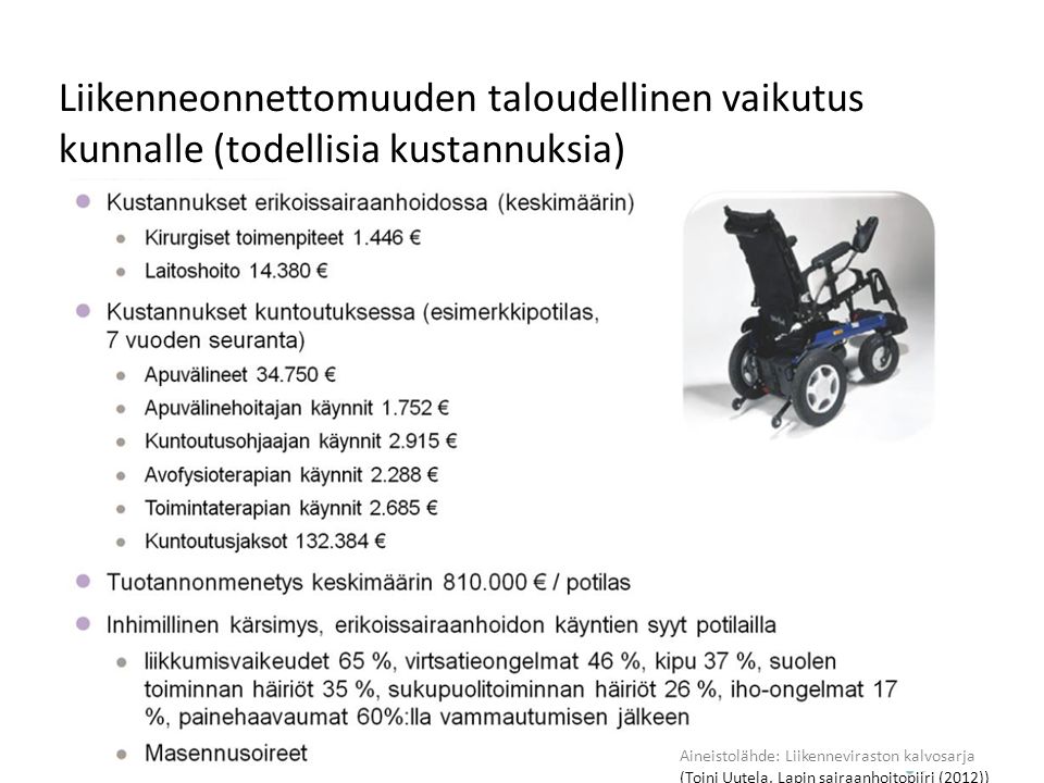 Liikenneonnettomuuden taloudellinen vaikutus kunnalle (todellisia kustannuksia) Aineistolähde: Liikenneviraston kalvosarja (Toini Uutela, Lapin sairaanhoitopiiri (2012))
