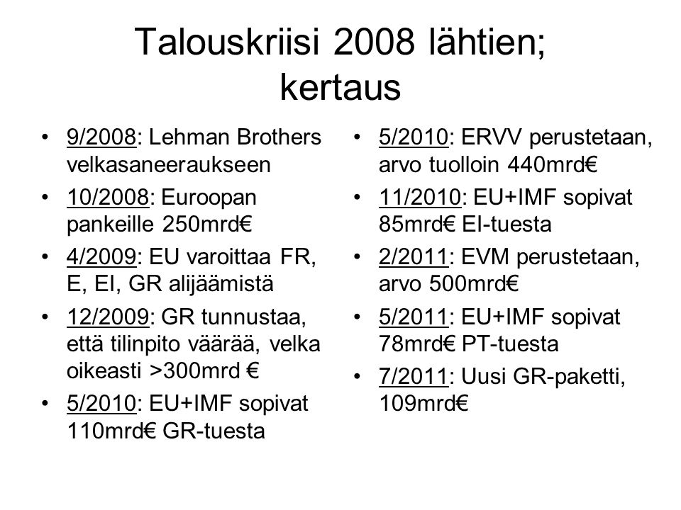 Talouskriisi 2008 lähtien; kertaus 9/2008: Lehman Brothers velkasaneeraukseen 10/2008: Euroopan pankeille 250mrd€ 4/2009: EU varoittaa FR, E, EI, GR alijäämistä 12/2009: GR tunnustaa, että tilinpito väärää, velka oikeasti >300mrd € 5/2010: EU+IMF sopivat 110mrd€ GR-tuesta 5/2010: ERVV perustetaan, arvo tuolloin 440mrd€ 11/2010: EU+IMF sopivat 85mrd€ EI-tuesta 2/2011: EVM perustetaan, arvo 500mrd€ 5/2011: EU+IMF sopivat 78mrd€ PT-tuesta 7/2011: Uusi GR-paketti, 109mrd€