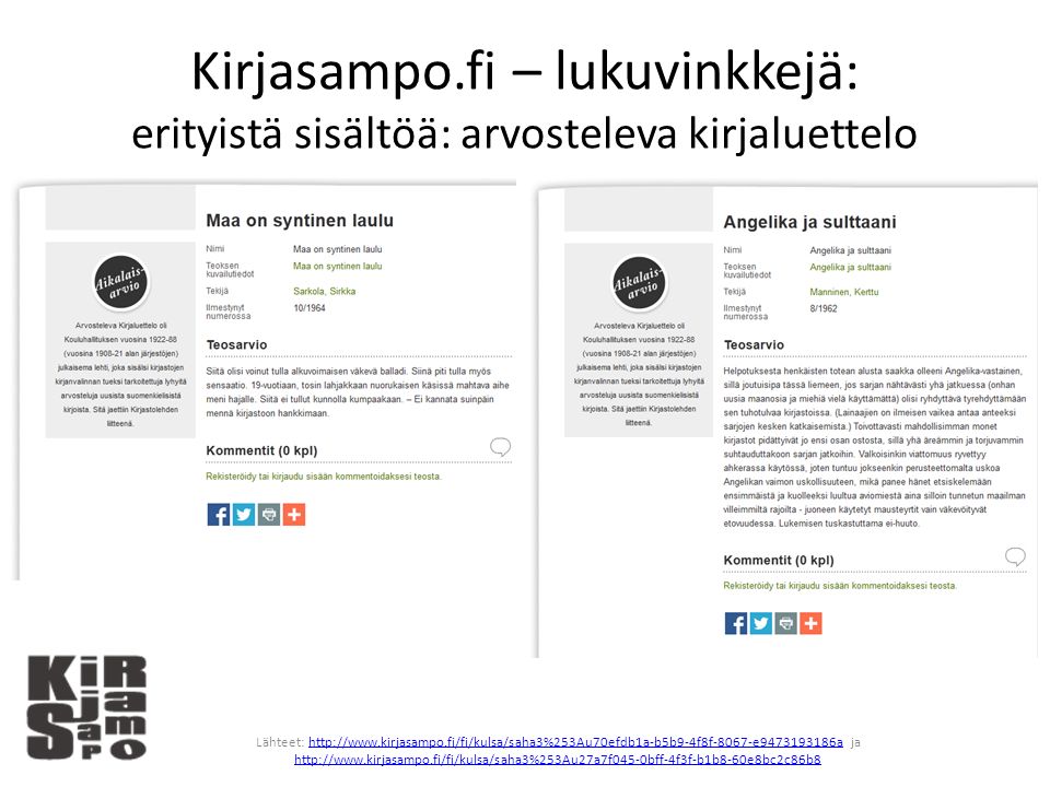 Kirjasampo.fi – lukuvinkkejä: erityistä sisältöä: arvosteleva kirjaluettelo Lähteet:   ja
