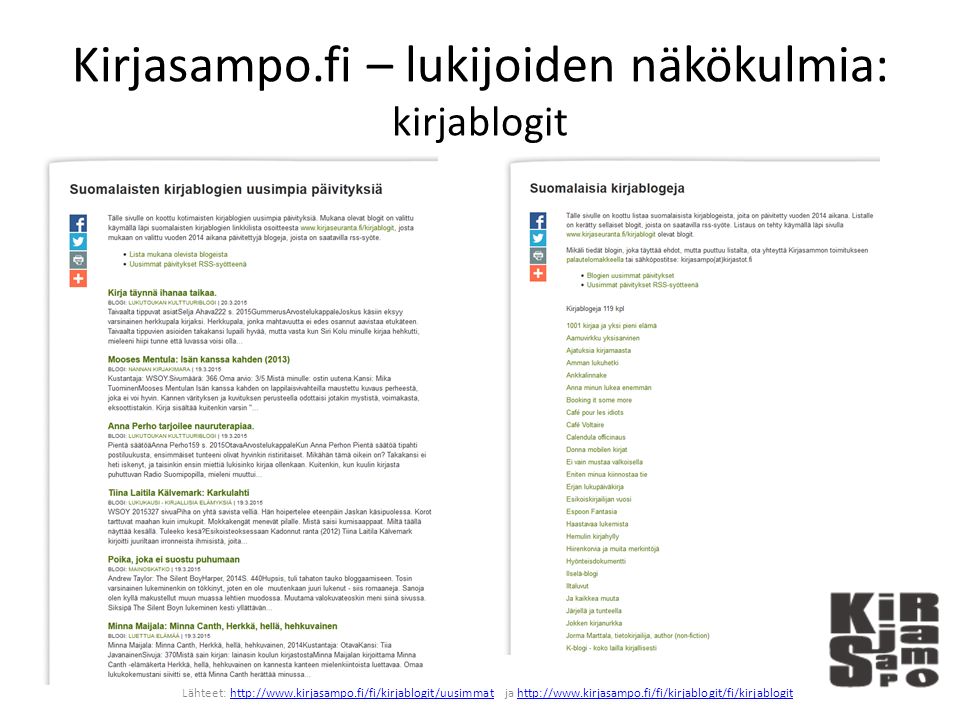 Kirjasampo.fi – lukijoiden näkökulmia: kirjablogit Lähteet:   ja