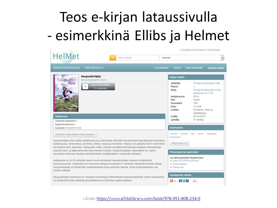 Teos e-kirjan lataussivulla - esimerkkinä Ellibs ja Helmet Lähde: