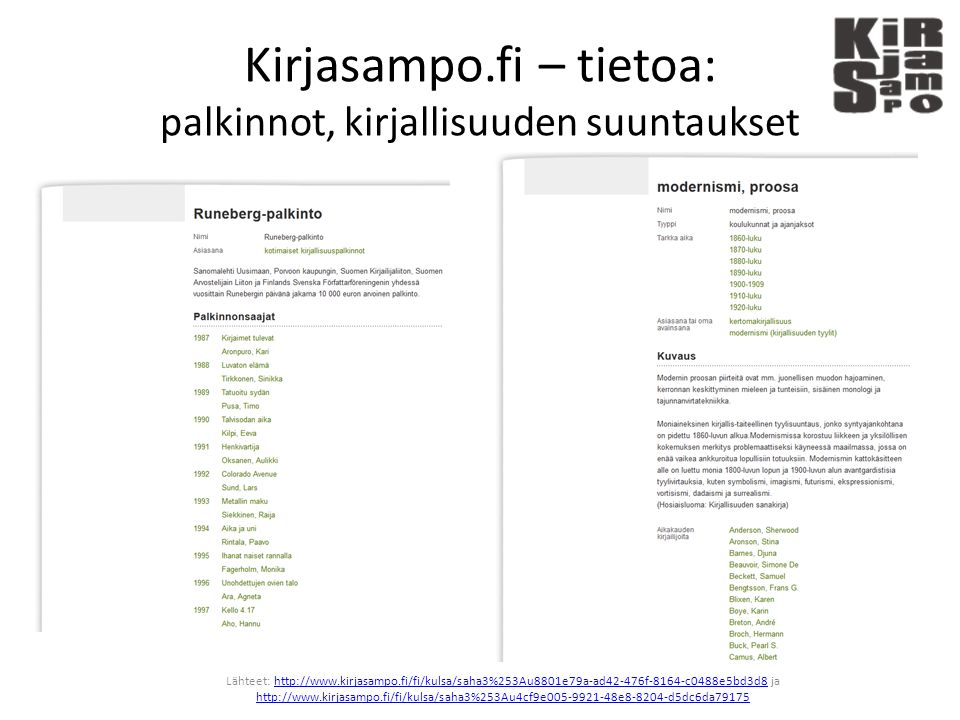 Kirjasampo.fi – tietoa: palkinnot, kirjallisuuden suuntaukset Lähteet:   ja