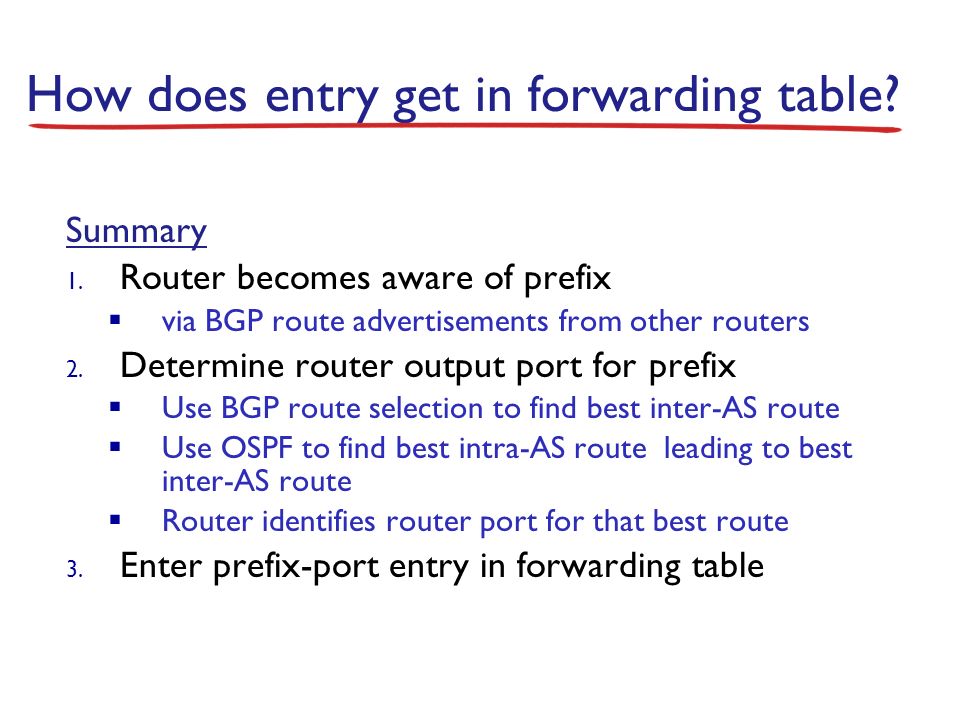 Summary 1. Router becomes aware of prefix  via BGP route advertisements from other routers 2.