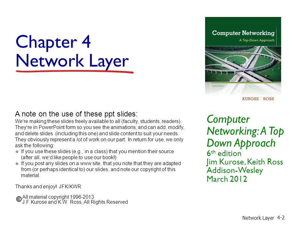 Chapter 4 Network Layer Computer Networking: A Top Down Approach 6 th edition Jim Kurose, Keith Ross Addison-Wesley March 2012 A note on the use of these ppt slides: We’re making these slides freely available to all (faculty, students, readers).