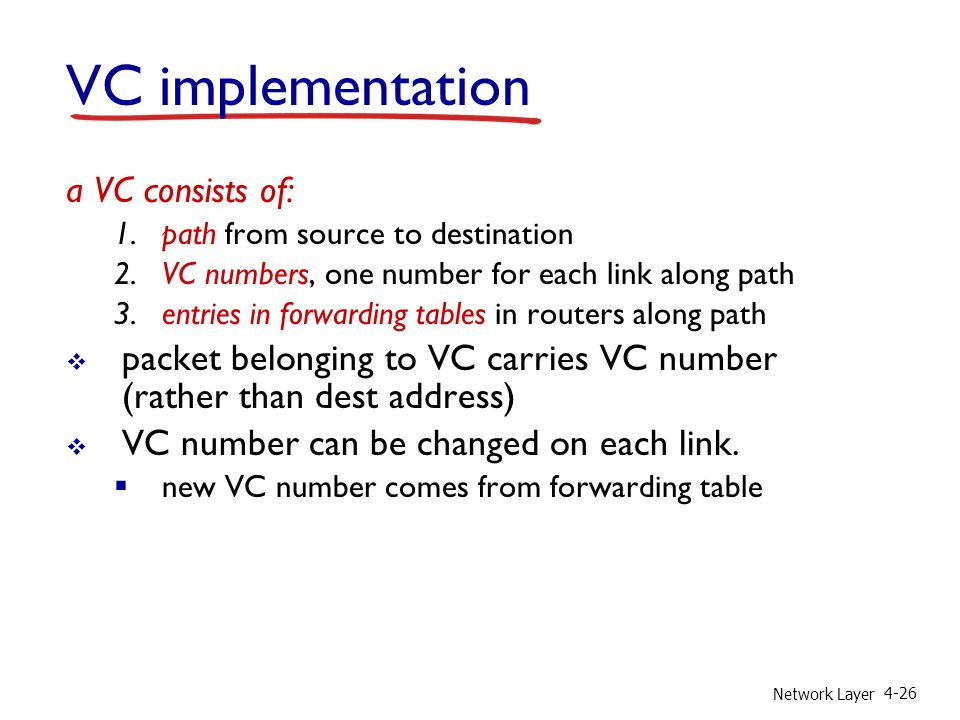 Network Layer 4-26 VC implementation a VC consists of: 1.path from source to destination 2.VC numbers, one number for each link along path 3.entries in forwarding tables in routers along path  packet belonging to VC carries VC number (rather than dest address)  VC number can be changed on each link.