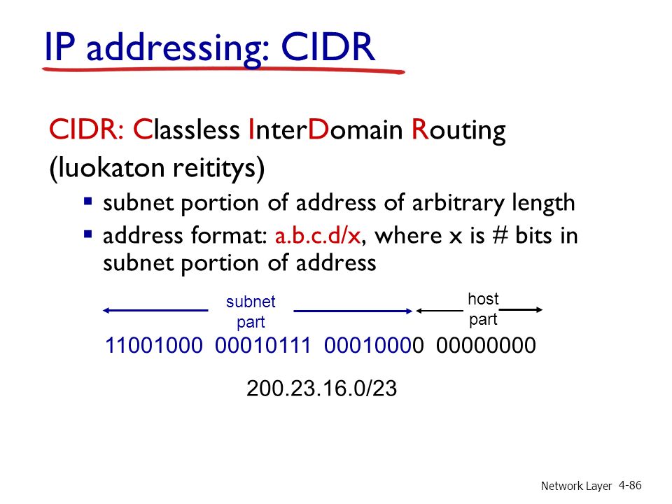 Network Layer 4-86 IP addressing: CIDR CIDR: Classless InterDomain Routing (luokaton reititys)  subnet portion of address of arbitrary length  address format: a.b.c.d/x, where x is # bits in subnet portion of address subnet part host part /23