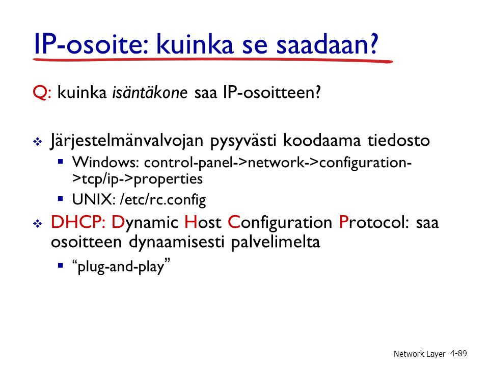 Network Layer 4-89 IP-osoite: kuinka se saadaan. Q: kuinka isäntäkone saa IP-osoitteen.