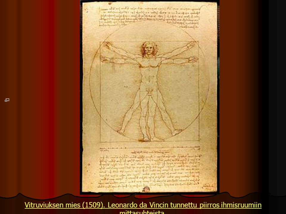 Vitruviuksen mies (1509). Leonardo da Vincin tunnettu piirros ihmisruumiin mittasuhteista.