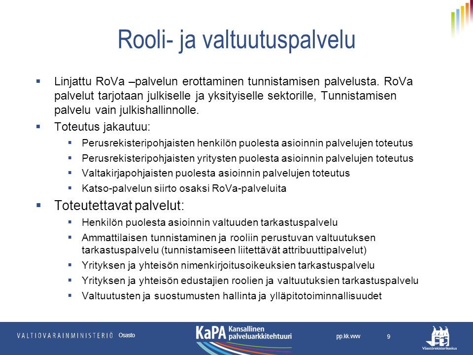 Rooli- ja valtuutuspalvelu  Linjattu RoVa –palvelun erottaminen tunnistamisen palvelusta.