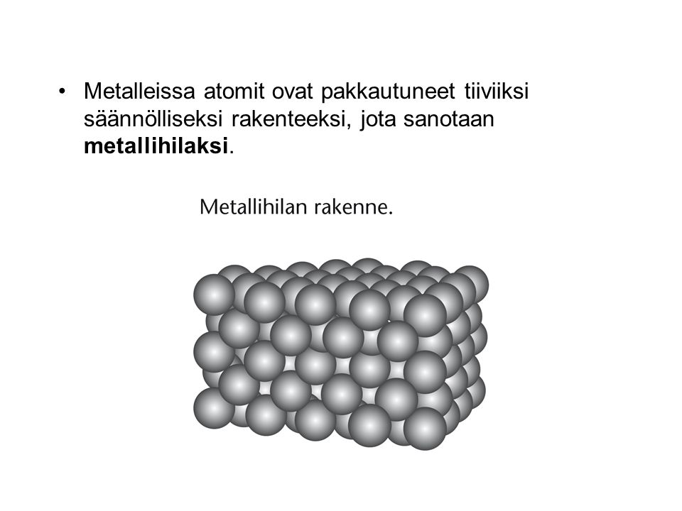 Metalleissa atomit ovat pakkautuneet tiiviiksi säännölliseksi rakenteeksi, jota sanotaan metallihilaksi.