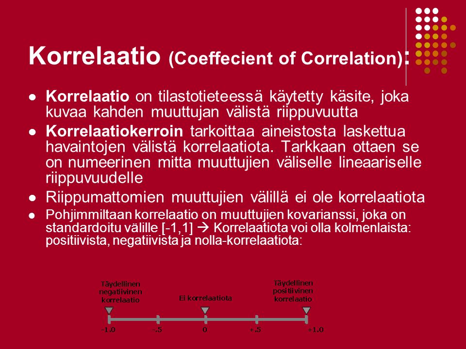 Korrelaatio (Coeffecient of Correlation) : Korrelaatio on tilastotieteessä käytetty käsite, joka kuvaa kahden muuttujan välistä riippuvuutta Korrelaatiokerroin tarkoittaa aineistosta laskettua havaintojen välistä korrelaatiota.