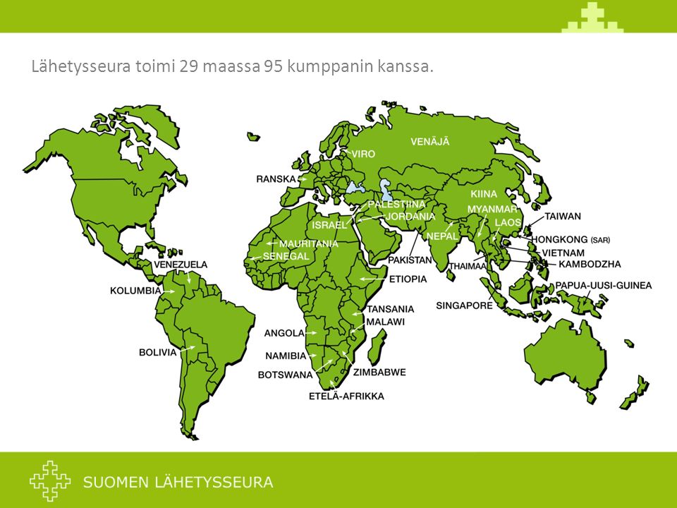 Lähetysseura toimi 29 maassa 95 kumppanin kanssa. Tähän kartta