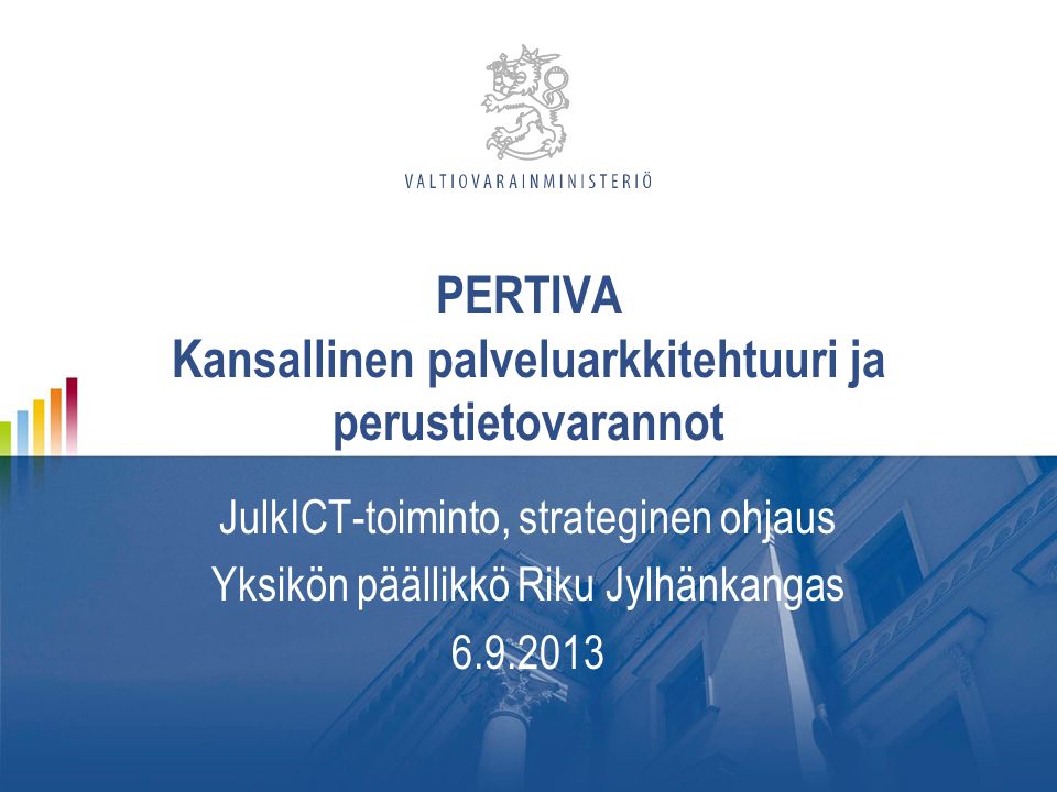PERTIVA Kansallinen palveluarkkitehtuuri ja perustietovarannot JulkICT-toiminto, strateginen ohjaus Yksikön päällikkö Riku Jylhänkangas