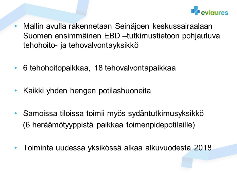 Mallin avulla rakennetaan Seinäjoen keskussairaalaan Suomen ensimmäinen EBD –tutkimustietoon pohjautuva tehohoito- ja tehovalvontayksikkö 6 tehohoitopaikkaa, 18 tehovalvontapaikkaa Kaikki yhden hengen potilashuoneita Samoissa tiloissa toimii myös sydäntutkimusyksikkö (6 heräämötyyppistä paikkaa toimenpidepotilaille) Toiminta uudessa yksikössä alkaa alkuvuodesta 2018