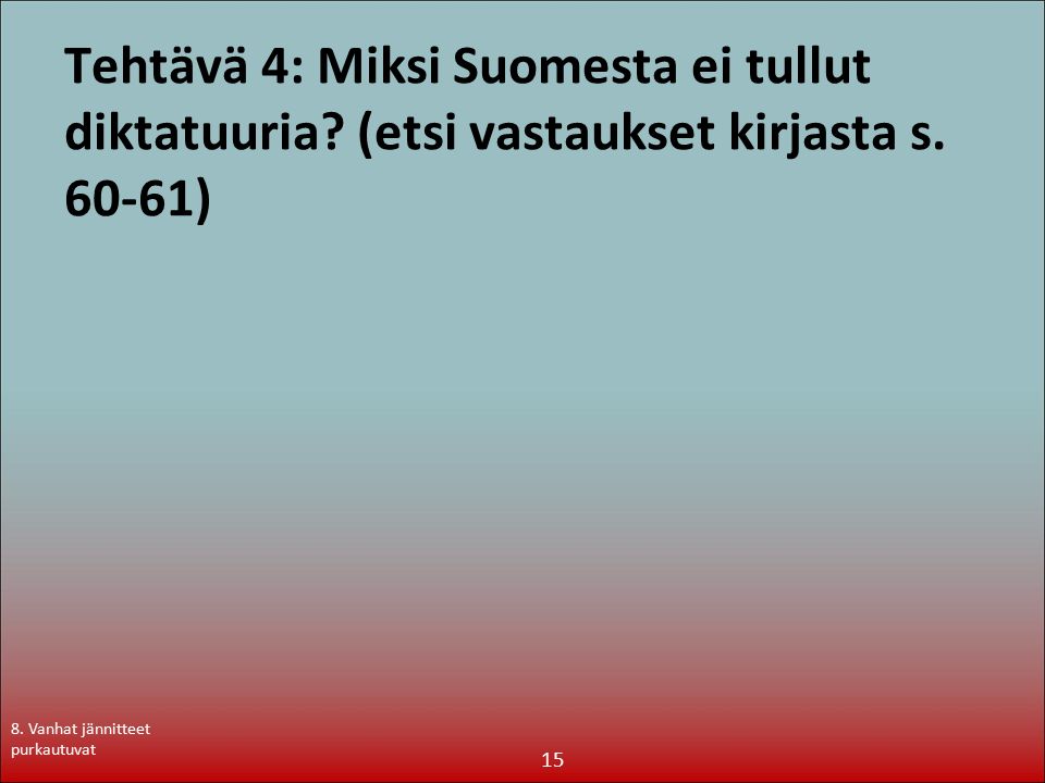 Tehtävä 4: Miksi Suomesta ei tullut diktatuuria. (etsi vastaukset kirjasta s.