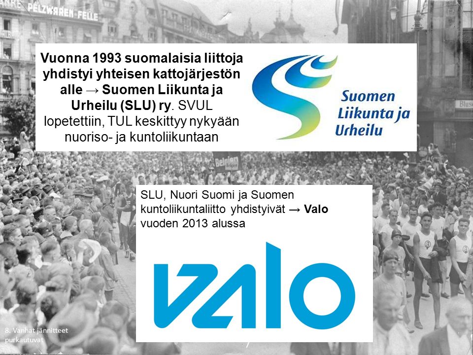 Vuonna 1993 suomalaisia liittoja yhdistyi yhteisen kattojärjestön alle → Suomen Liikunta ja Urheilu (SLU) ry.