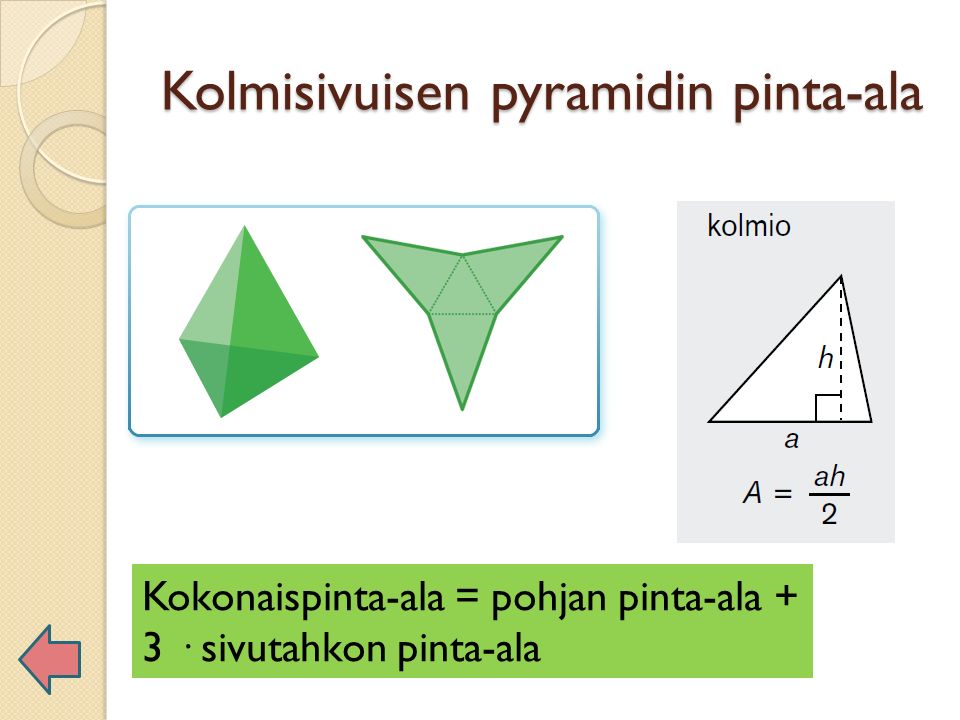 Kolmisivuisen pyramidin pinta-ala Kokonaispinta-ala = pohjan pinta-ala + 3 · sivutahkon pinta-ala