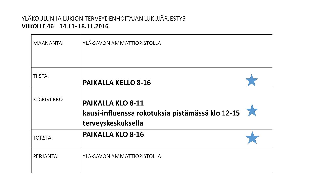 MAANANTAI YLÄ-SAVON AMMATTIOPISTOLLA TIISTAI PAIKALLA KELLO 8-16 KESKIVIIKKO PAIKALLA KLO 8-11 kausi-influenssa rokotuksia pistämässä klo terveyskeskuksella TORSTAI PAIKALLA KLO 8-16 PERJANTAI YLÄ-SAVON AMMATTIOPISTOLLA YLÄKOULUN JA LUKION TERVEYDENHOITAJAN LUKUJÄRJESTYS VIIKOLLE