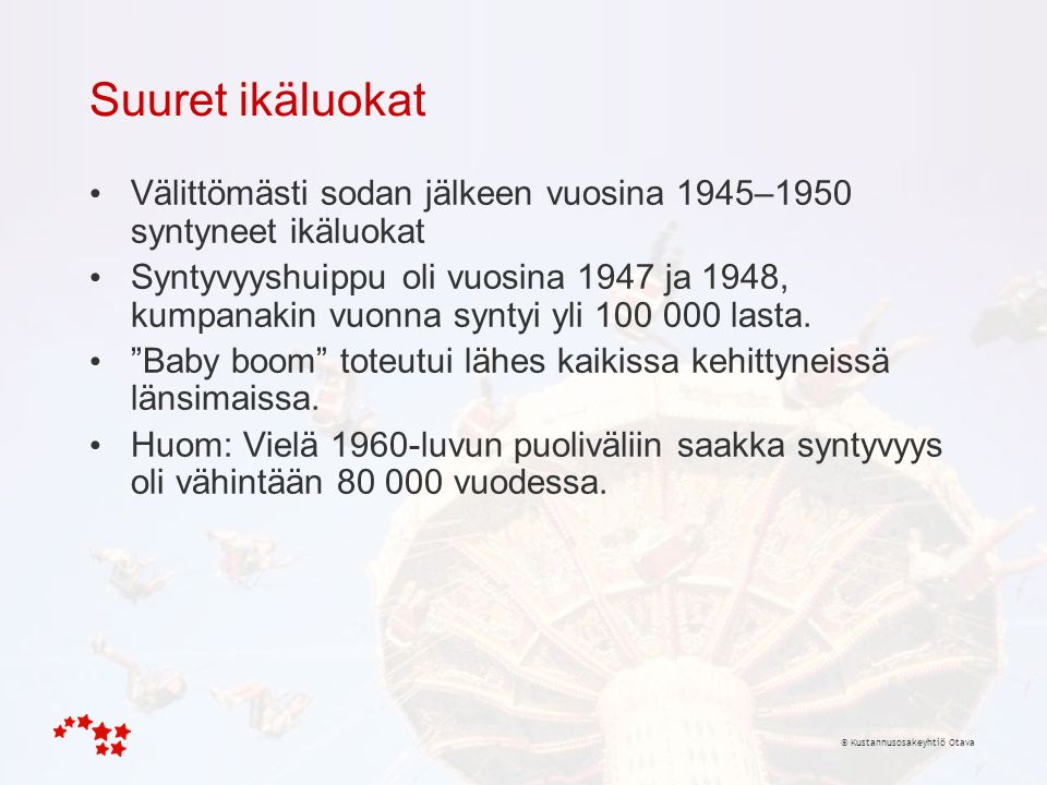 © Kustannusosakeyhtiö Otava Suuret ikäluokat Välittömästi sodan jälkeen vuosina 1945–1950 syntyneet ikäluokat Syntyvyyshuippu oli vuosina 1947 ja 1948, kumpanakin vuonna syntyi yli lasta.