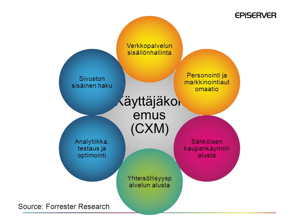 Käyttäjäkok emus (CXM) Verkkopalvelun sisällönhallinta Personointi ja markkinointiaut omaatio Sähköisen kaupankäynnin alusta Yhteisöllisyysp alvelun alusta Analytiikka, testaus ja optimointi Sivuston sisäinen haku Source: Forrester Research