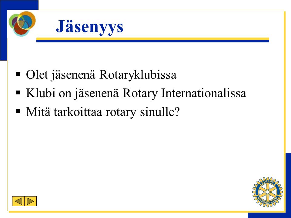 Jäsenyys  Olet jäsenenä Rotaryklubissa  Klubi on jäsenenä Rotary Internationalissa  Mitä tarkoittaa rotary sinulle