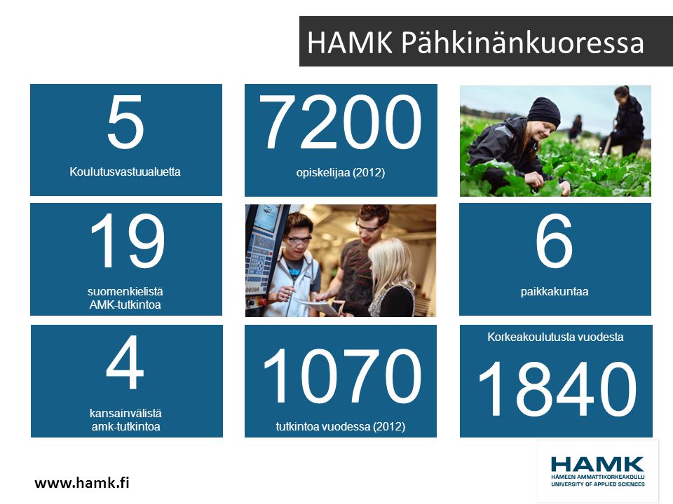 HAMK Pähkinänkuoressa 5 Koulutusvastuualuetta Korkeakoulutusta vuodesta paikkakuntaa 19 suomenkielistä AMK-tutkintoa 1070 tutkintoa vuodessa (2012) 7200 opiskelijaa (2012) 4 kansainvälistä amk-tutkintoa