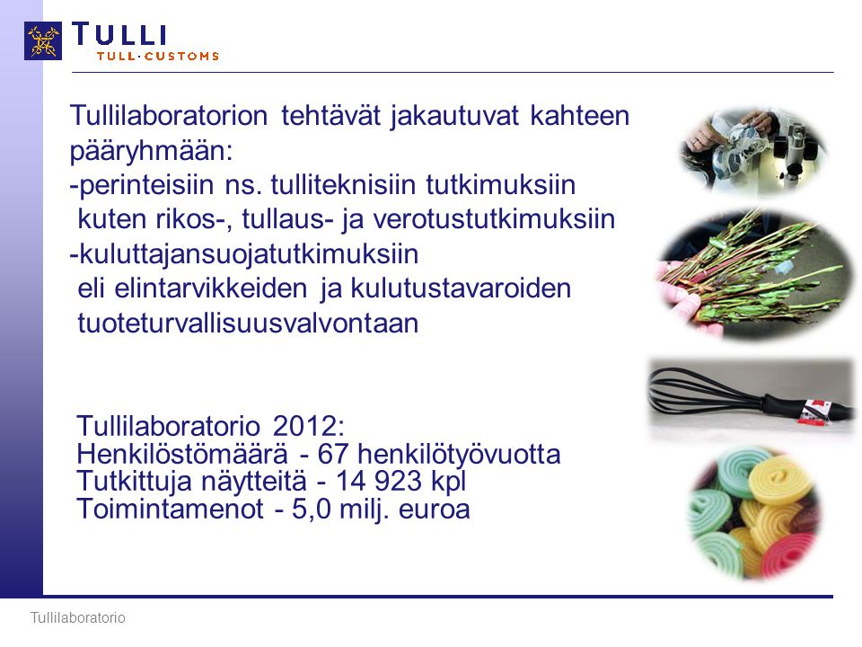 Tullilaboratorio 2012: Henkilöstömäärä - 67 henkilötyövuotta Tutkittuja näytteitä kpl Toimintamenot - 5,0 milj.