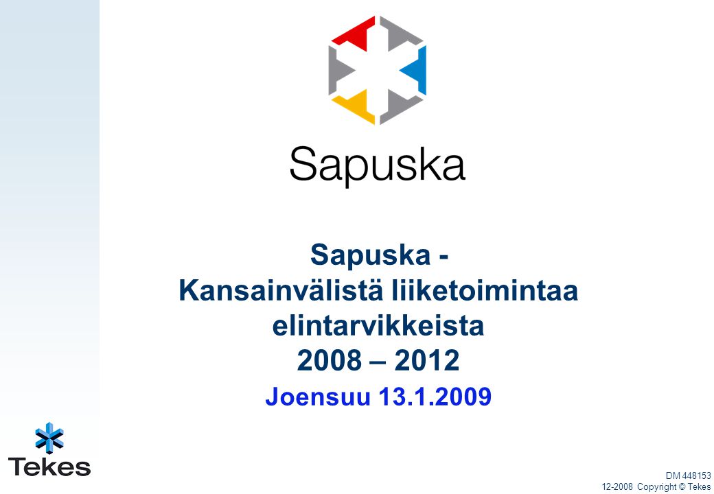 Sapuska - Kansainvälistä liiketoimintaa elintarvikkeista 2008 – 2012 Joensuu DM Copyright © Tekes