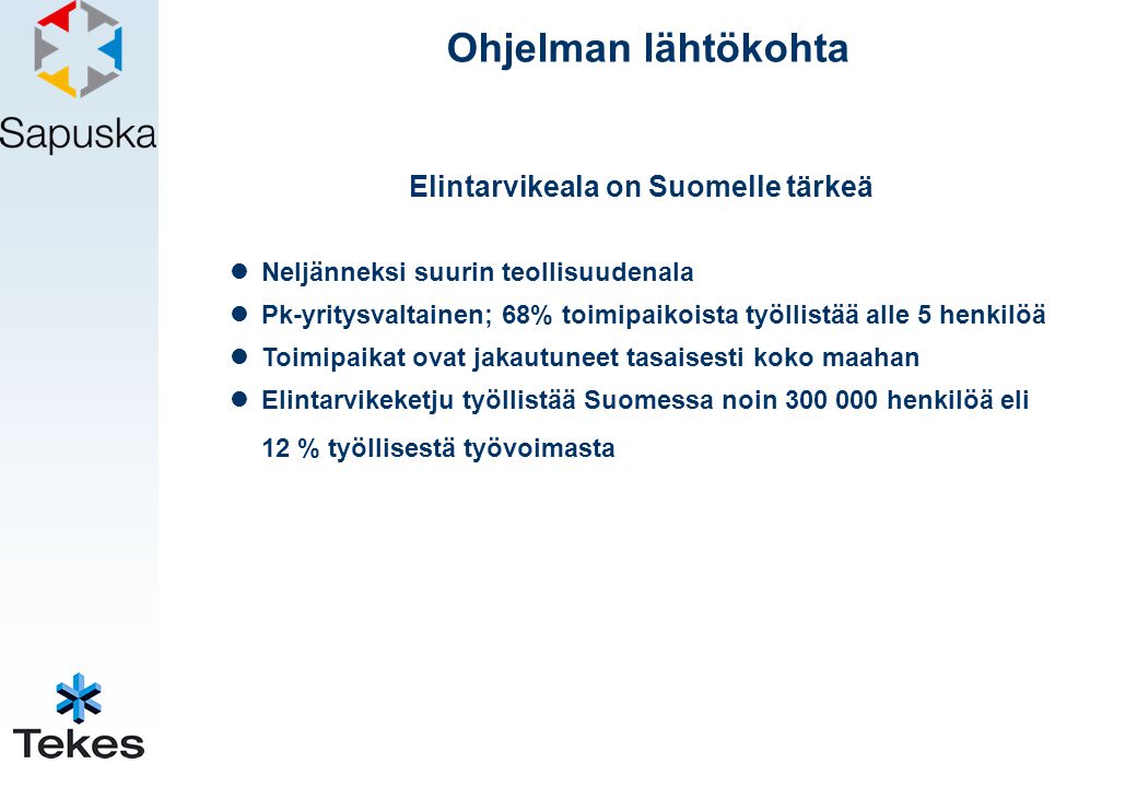 Ohjelman lähtökohta Elintarvikeala on Suomelle tärkeä  Neljänneksi suurin teollisuudenala  Pk-yritysvaltainen; 68% toimipaikoista työllistää alle 5 henkilöä  Toimipaikat ovat jakautuneet tasaisesti koko maahan  Elintarvikeketju työllistää Suomessa noin henkilöä eli 12 % työllisestä työvoimasta