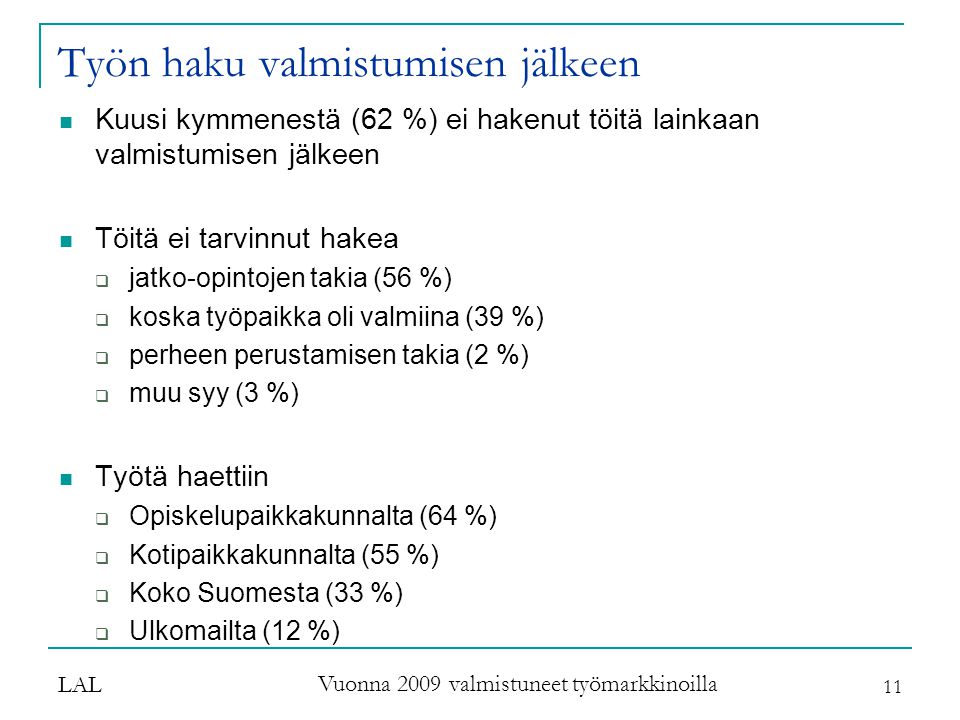 LAL Vuonna 2009 valmistuneet työmarkkinoilla 11 Työn haku valmistumisen jälkeen  Kuusi kymmenestä (62 %) ei hakenut töitä lainkaan valmistumisen jälkeen  Töitä ei tarvinnut hakea  jatko-opintojen takia (56 %)  koska työpaikka oli valmiina (39 %)  perheen perustamisen takia (2 %)  muu syy (3 %)  Työtä haettiin  Opiskelupaikkakunnalta (64 %)  Kotipaikkakunnalta (55 %)  Koko Suomesta (33 %)  Ulkomailta (12 %)