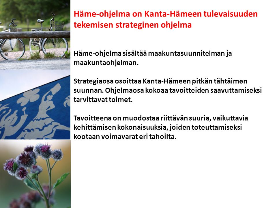 Häme-ohjelma on Kanta-Hämeen tulevaisuuden tekemisen strateginen ohjelma Häme-ohjelma sisältää maakuntasuunnitelman ja maakuntaohjelman.