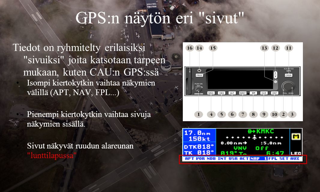 GPS:n näytön eri sivut Tiedot on ryhmitelty erilaisiksi sivuiksi joita katsotaan tarpeen mukaan, kuten CAU:n GPS:ssä •Isompi kiertokytkin vaihtaa näkymien välillä (APT, NAV, FPL...) •Pienempi kiertokytkin vaihtaa sivuja näkymien sisällä.