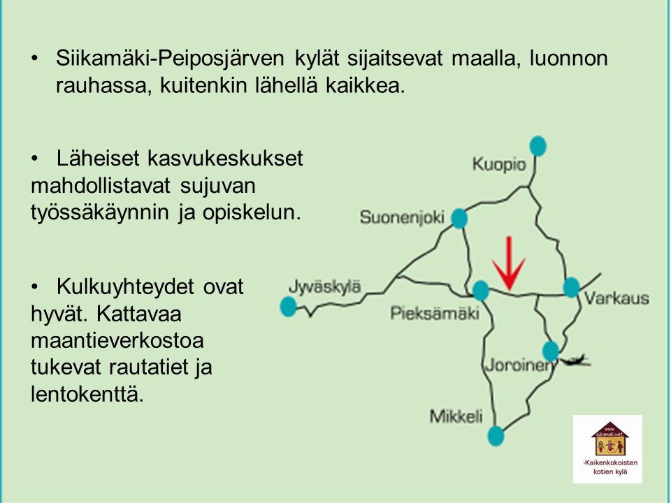 •Siikamäki-Peiposjärven kylät sijaitsevat maalla, luonnon rauhassa, kuitenkin lähellä kaikkea.