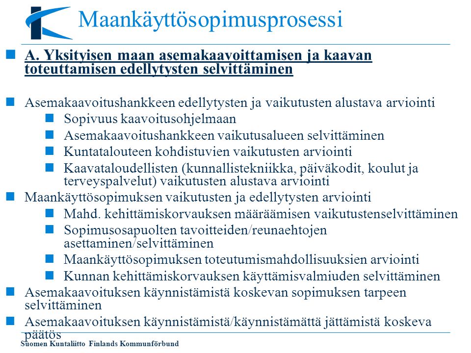 Suomen Kuntaliitto Finlands Kommunförbund Maankäyttösopimusprosessi  A.