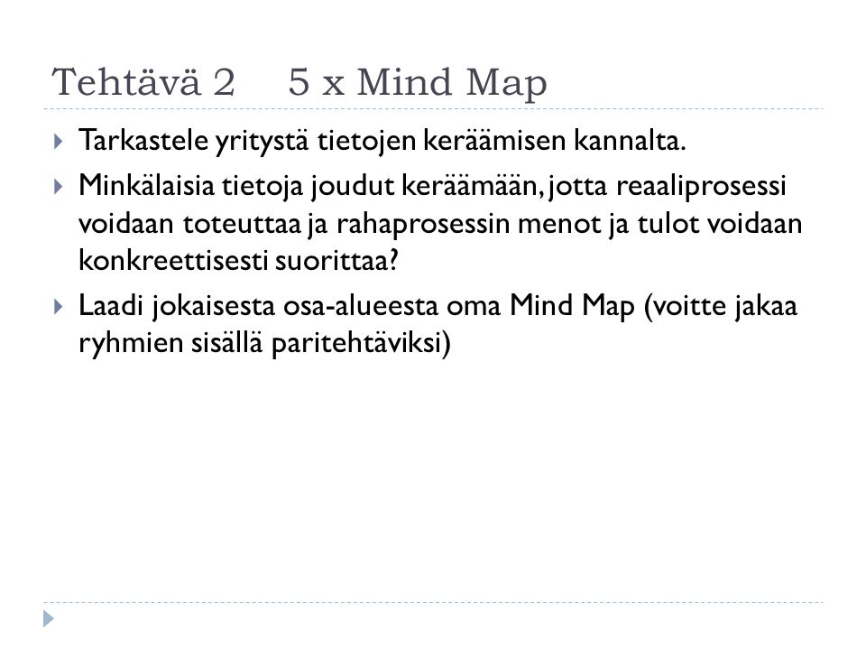 Tehtävä 2 5 x Mind Map  Tarkastele yritystä tietojen keräämisen kannalta.