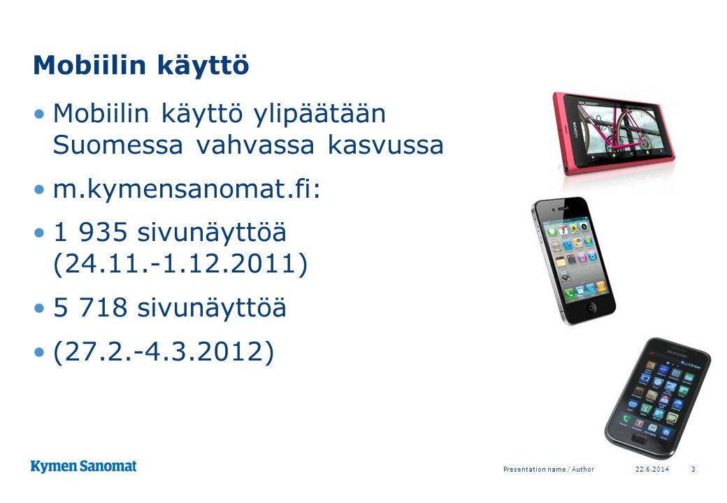 Mobiilin käyttö •Mobiilin käyttö ylipäätään Suomessa vahvassa kasvussa •m.kymensanomat.fi: •1 935 sivunäyttöä ( ) •5 718 sivunäyttöä •( ) Presentation name / Author